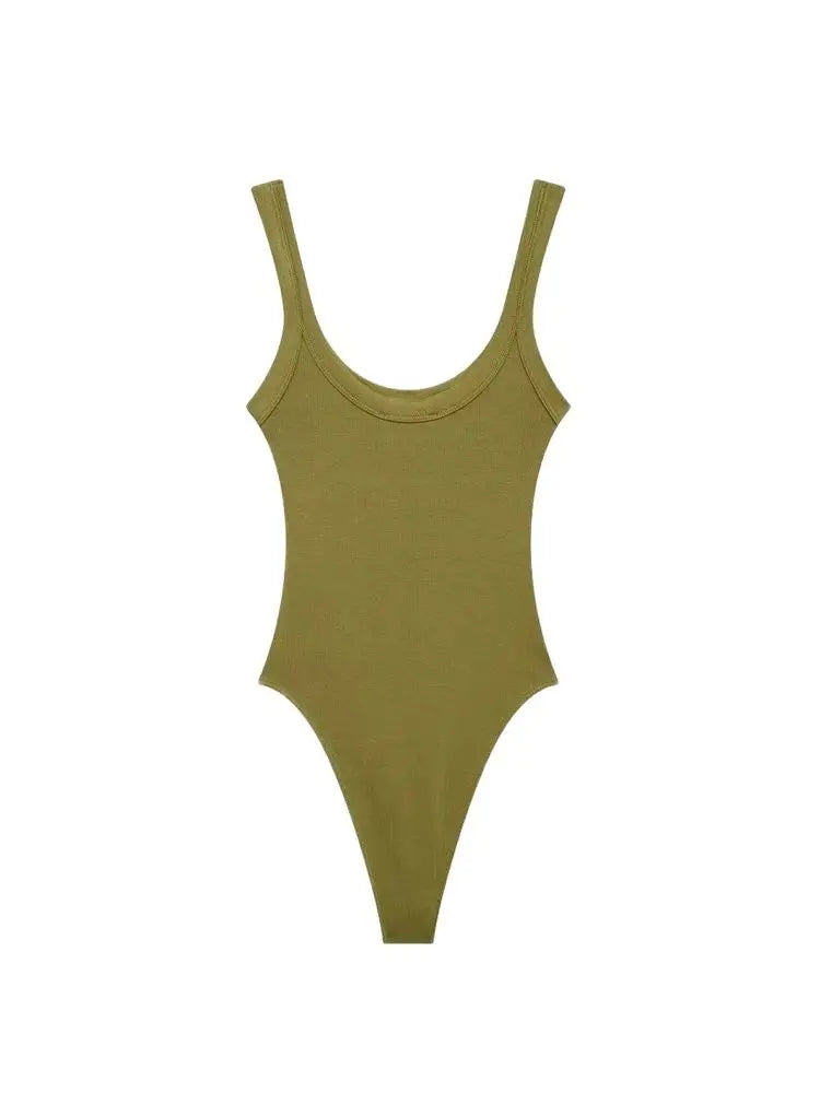 TRZA Skinny Ribbed Bodysuit for Women – O Neck, Straps, Snap-Button Playsuit, Sexy Fashion