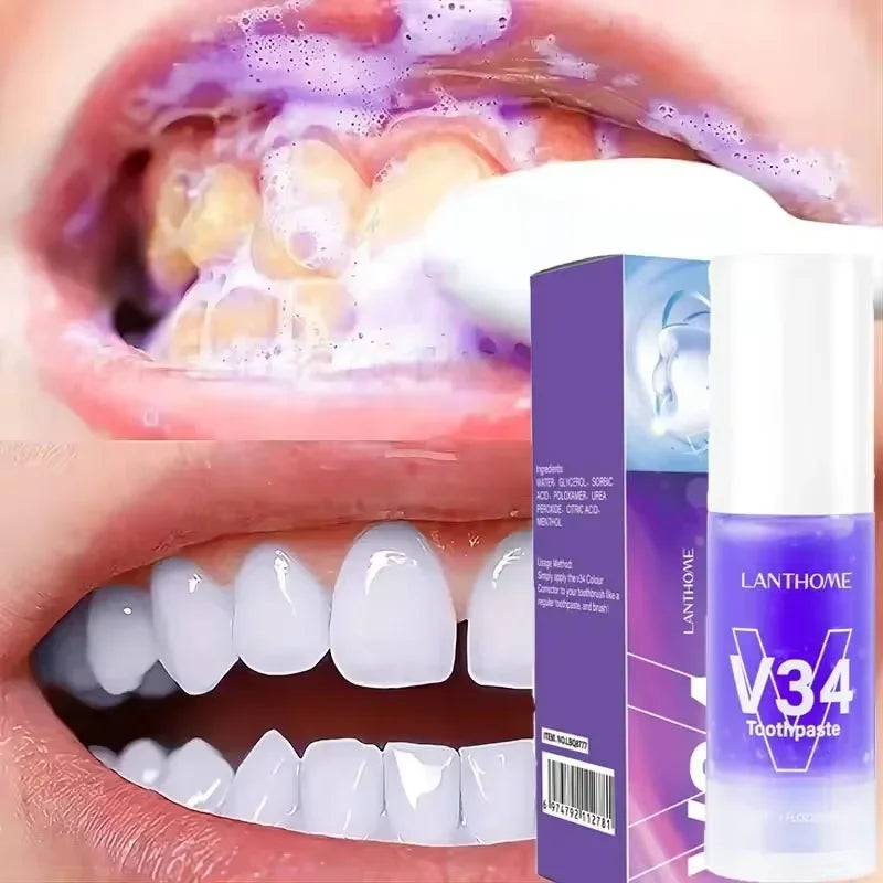 V34 Purple Teeth Whitening Toothpaste – Plaque Removal, Stain Cleaning, and Fresh Breath for a Brighter Smile