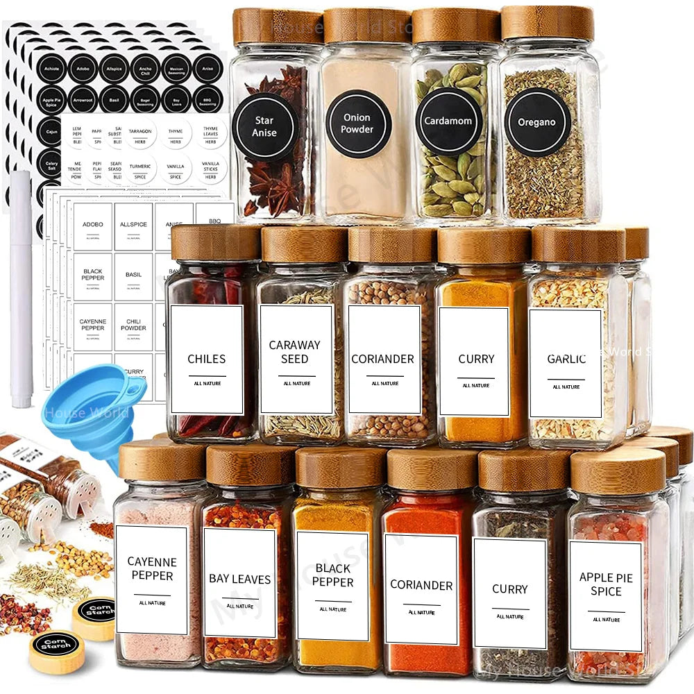 13Pcs Glass Spice Jars with Bamboo Lids – 4oz Seasoning Organizer Set for Spice Rack & Kitchen Storage