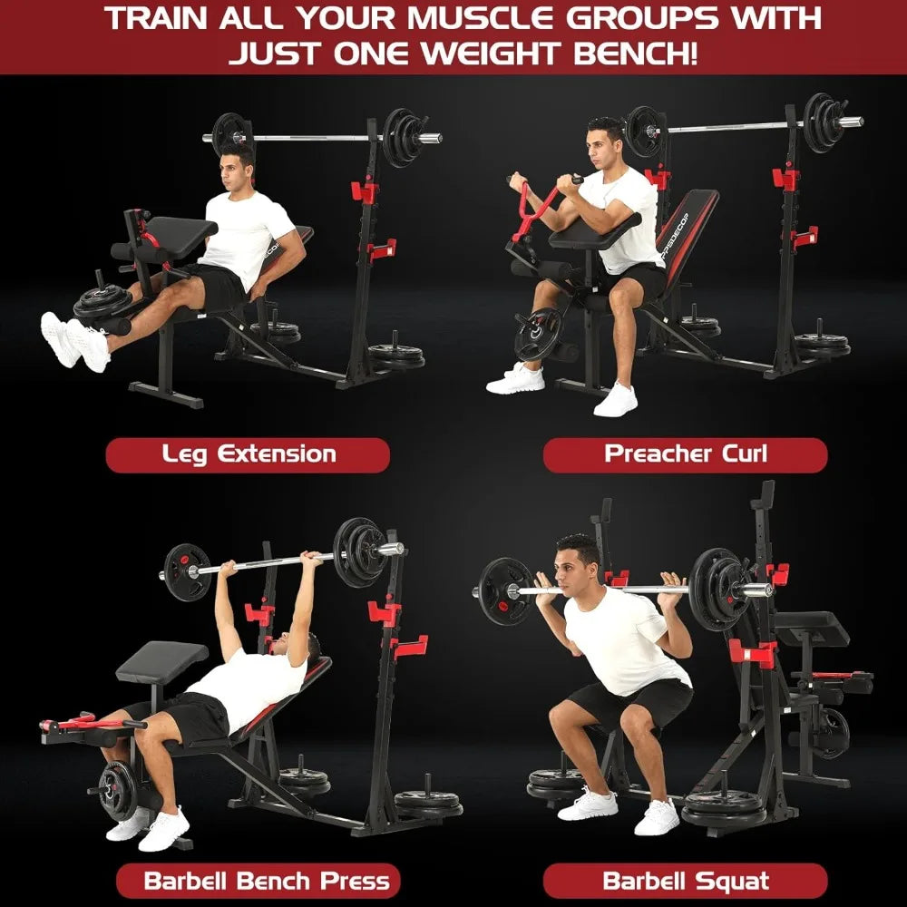 900LBS Weight Bench Set with Squat Rack Preacher Curl Weight Bench with Leg Extension Workout Bench for Home Gym