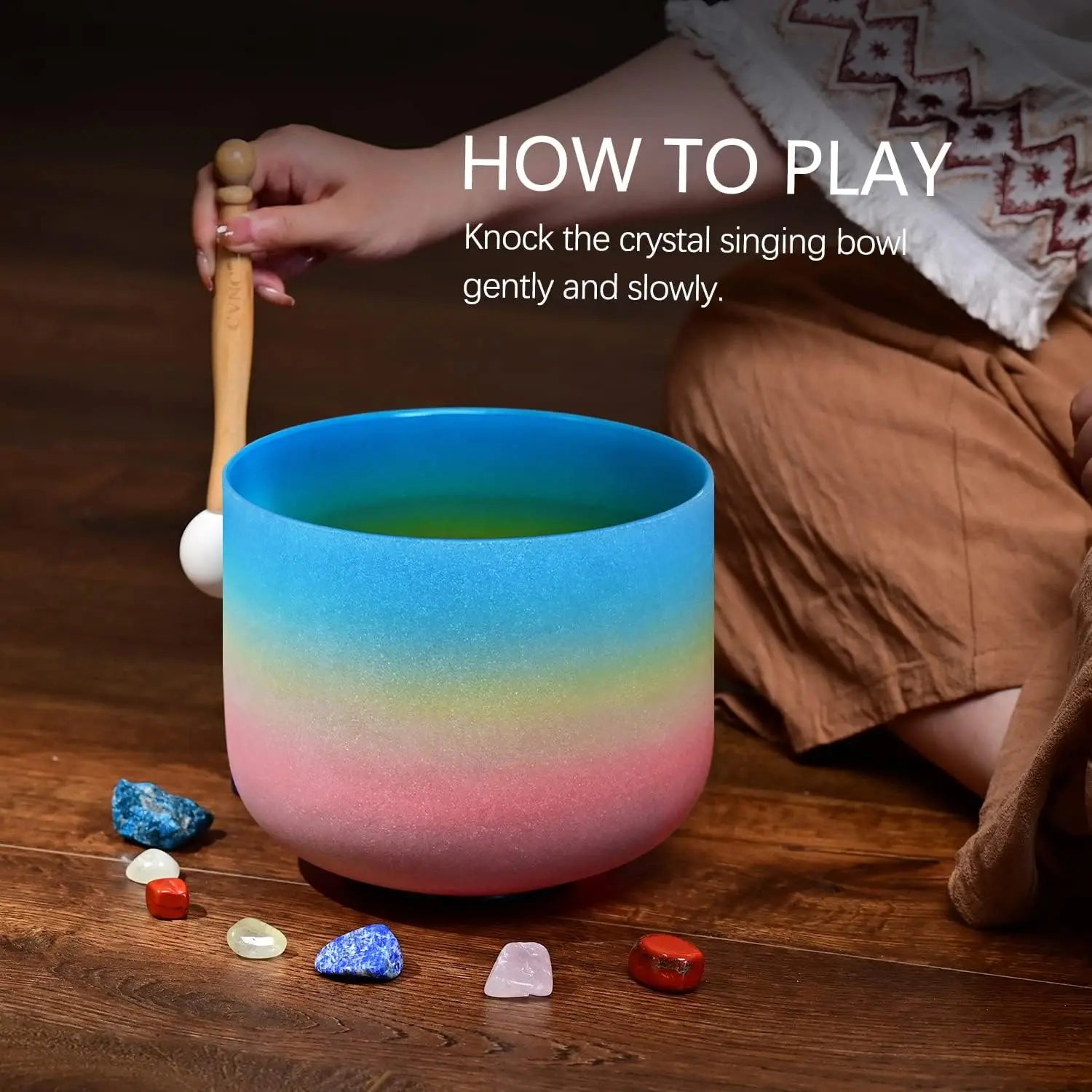 CVNC 440HZ 8 Inch Rainbow Colored G Note Throat Chakra Frosted Quartz Crystal Singing Bowl for Sound Healing and Meditation