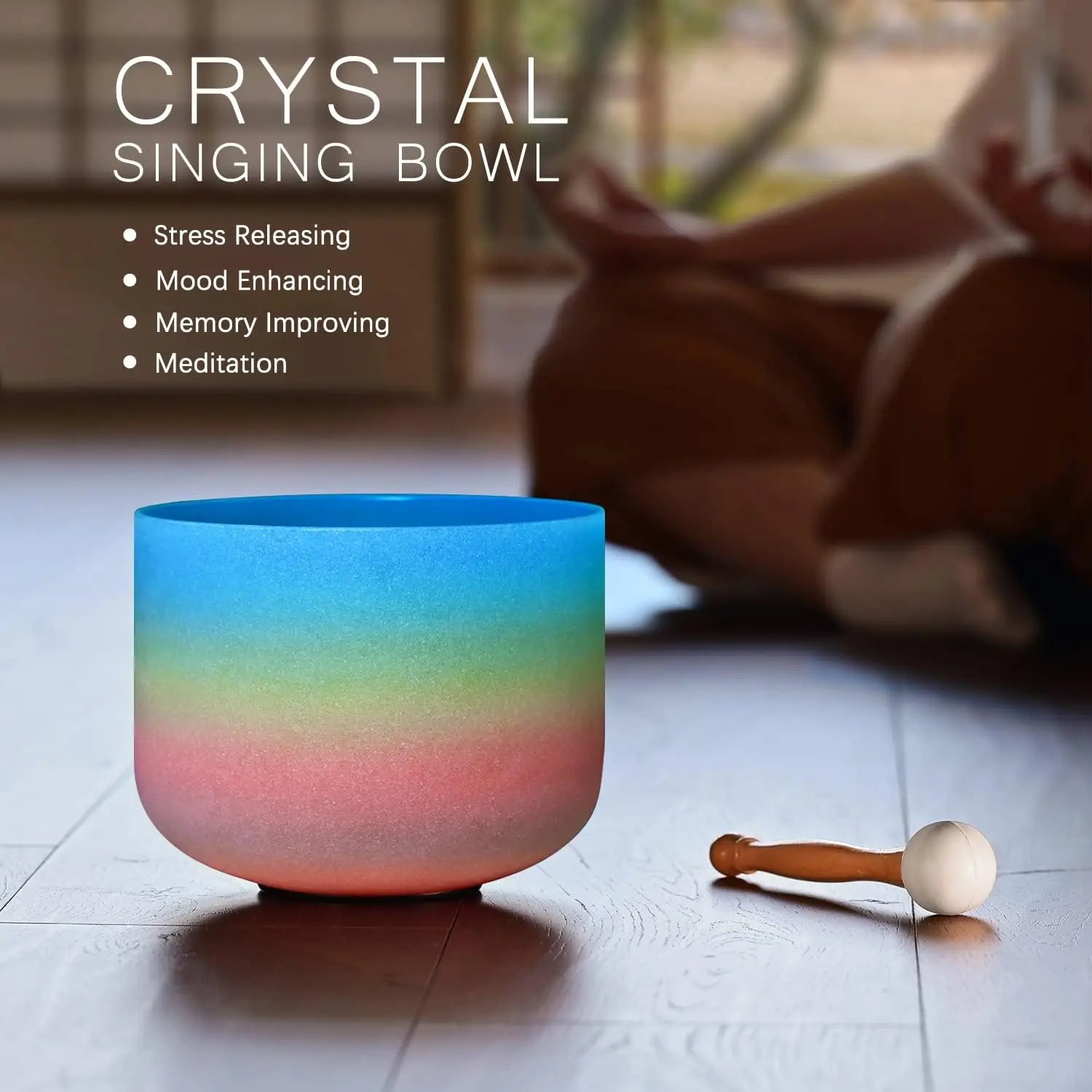 CVNC 440HZ 8 Inch Rainbow Colored G Note Throat Chakra Frosted Quartz Crystal Singing Bowl for Sound Healing and Meditation