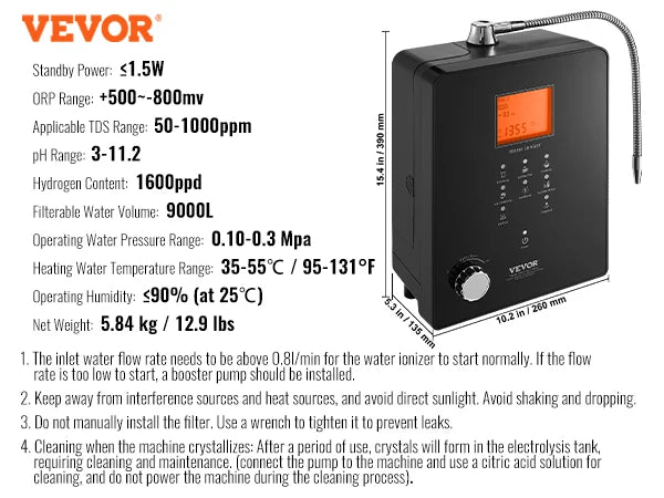 VEVOR Alkaline Water Ionizer Machine pH 3-11.2 Alkaline Acidic Hydrogen Water Purifier 6 Water Settings Home Filtration System