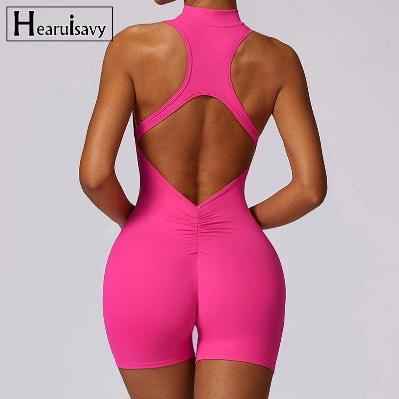 New V-Back Scrunch Sports Jumpsuit – Women’s Sleeveless Gym Romper with Zipper, One-Piece Yoga & Fitness Bodysuit