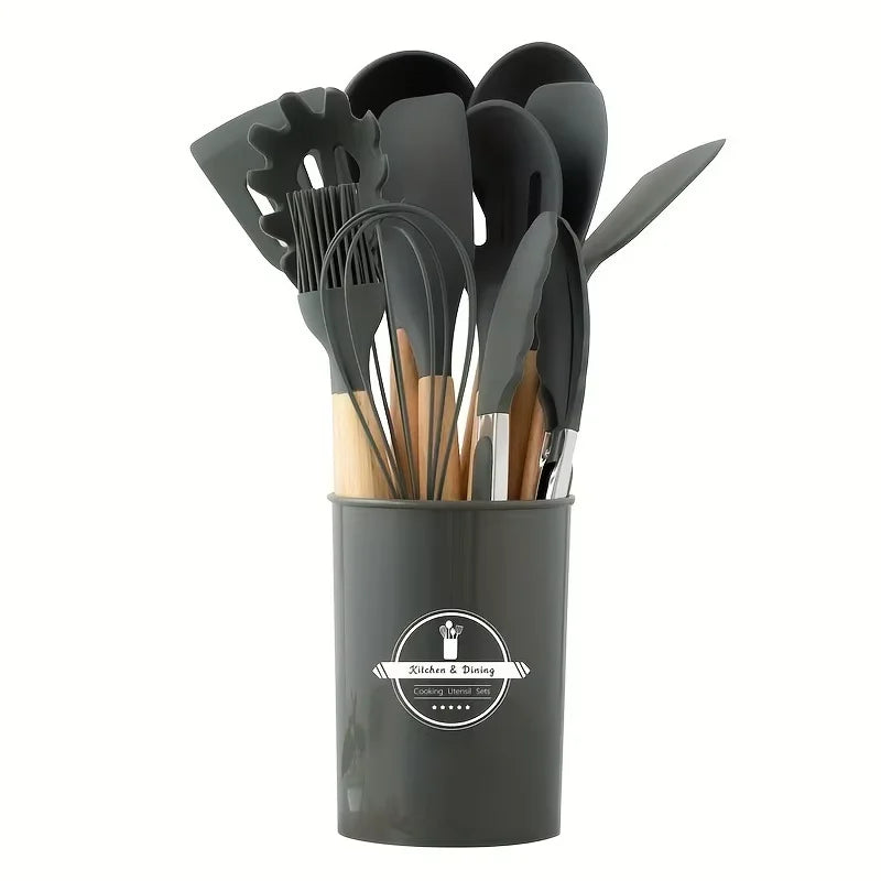 12-Piece Silicone Cooking Utensil Set – Non-Stick, Heat-Resistant & Stylish with Wooden Handles
