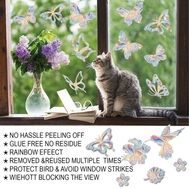 Rainbow Suncatcher Window Stickers – PVC Cat & Butterfly Prism Glass Decals for Kids' Bedroom Decoration
