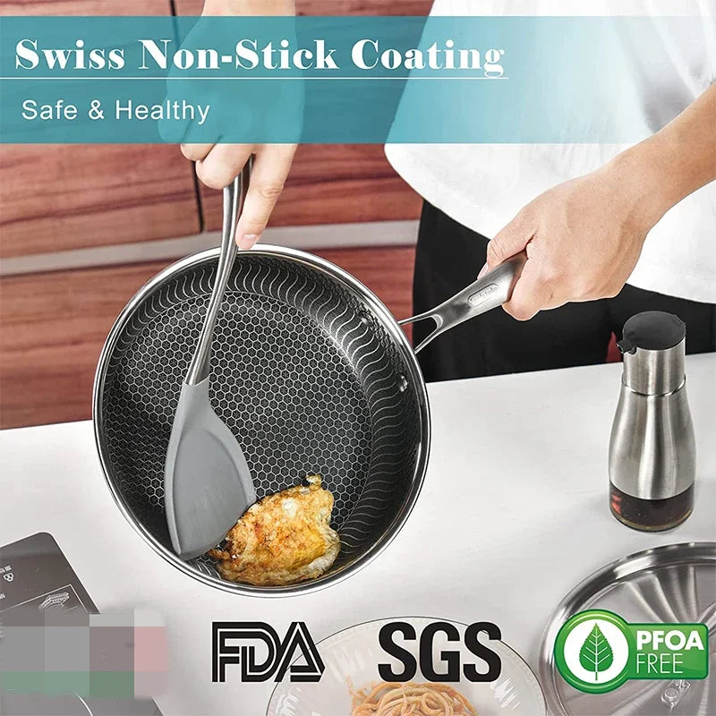 LMETJMA Stainless Steel Honeycomb Frying Pan with Lid – Nonstick & Multi-Cooktop Compatible