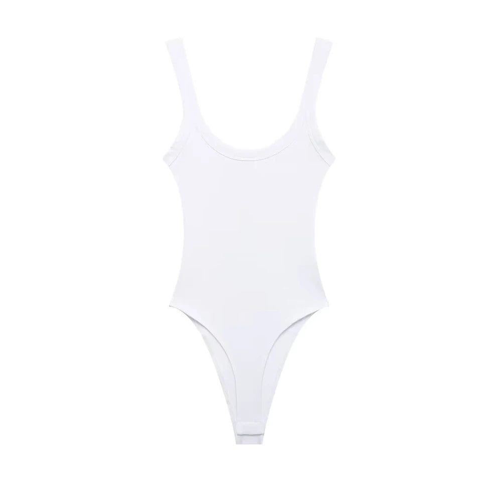 TRZA Skinny Ribbed Bodysuit for Women – O Neck, Straps, Snap-Button Playsuit, Sexy Fashion