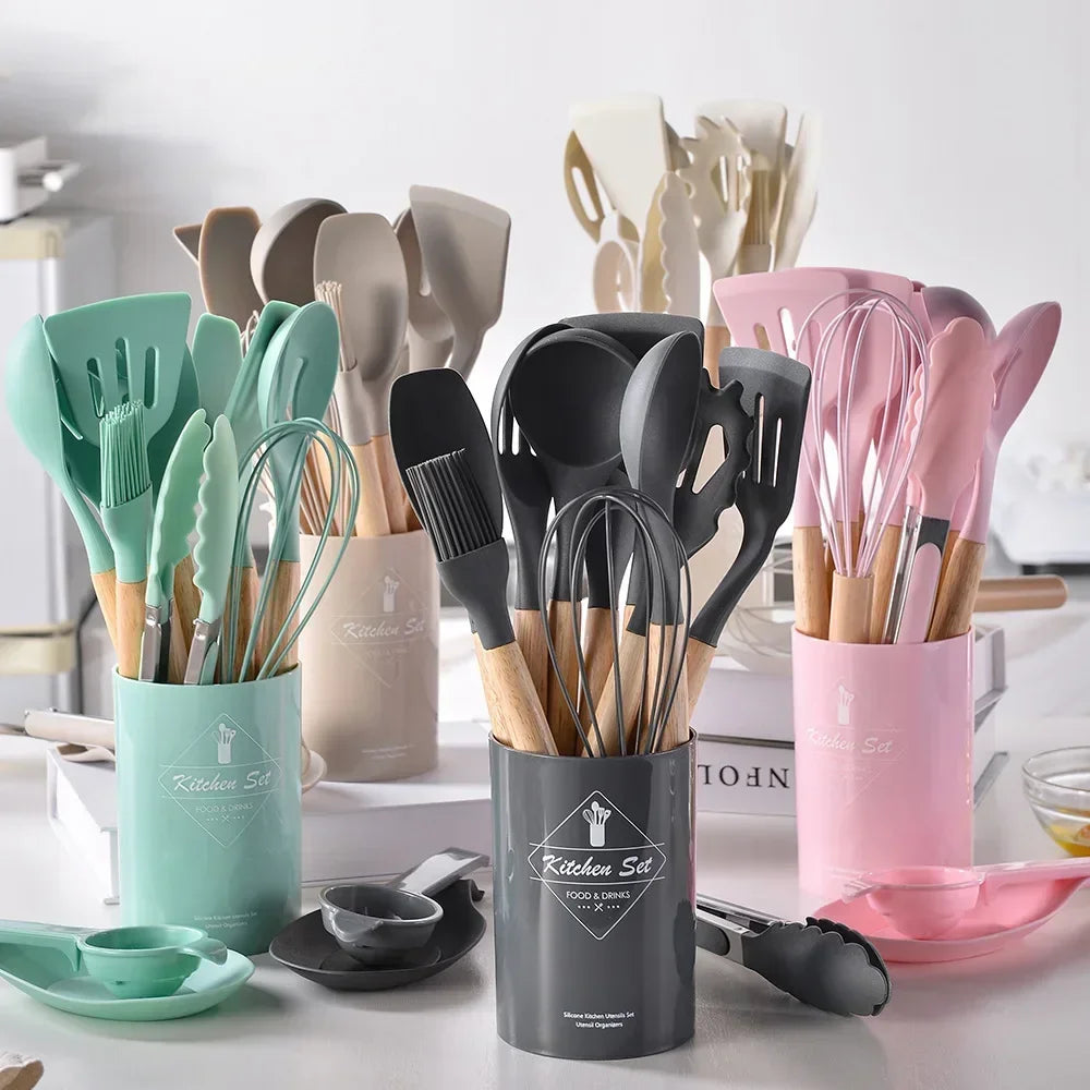 12-Piece Silicone Cooking Utensil Set – Non-Stick, Heat-Resistant & Stylish with Wooden Handles