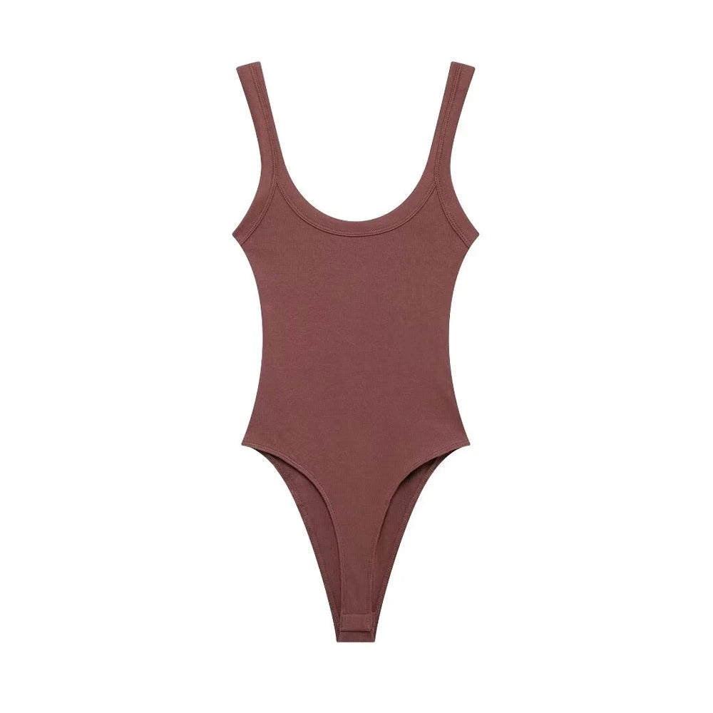TRZA Skinny Ribbed Bodysuit for Women – O Neck, Straps, Snap-Button Playsuit, Sexy Fashion