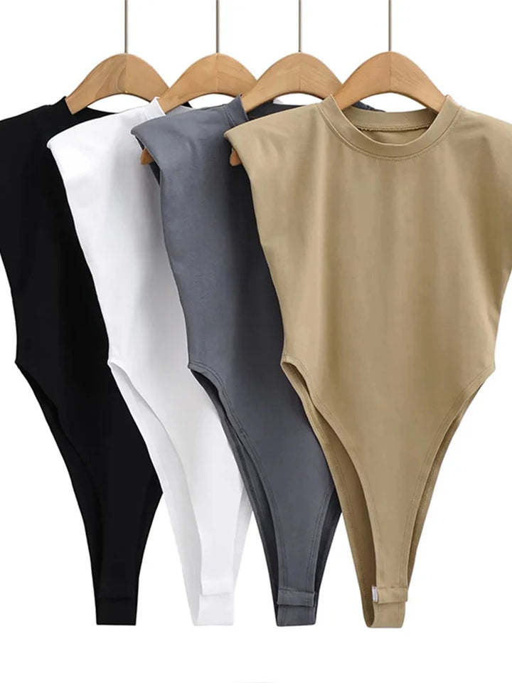 Women's Summer Bodycon Bodysuit – Padded Shoulder, Sleeveless One-Piece for a Sleek, Sexy Look