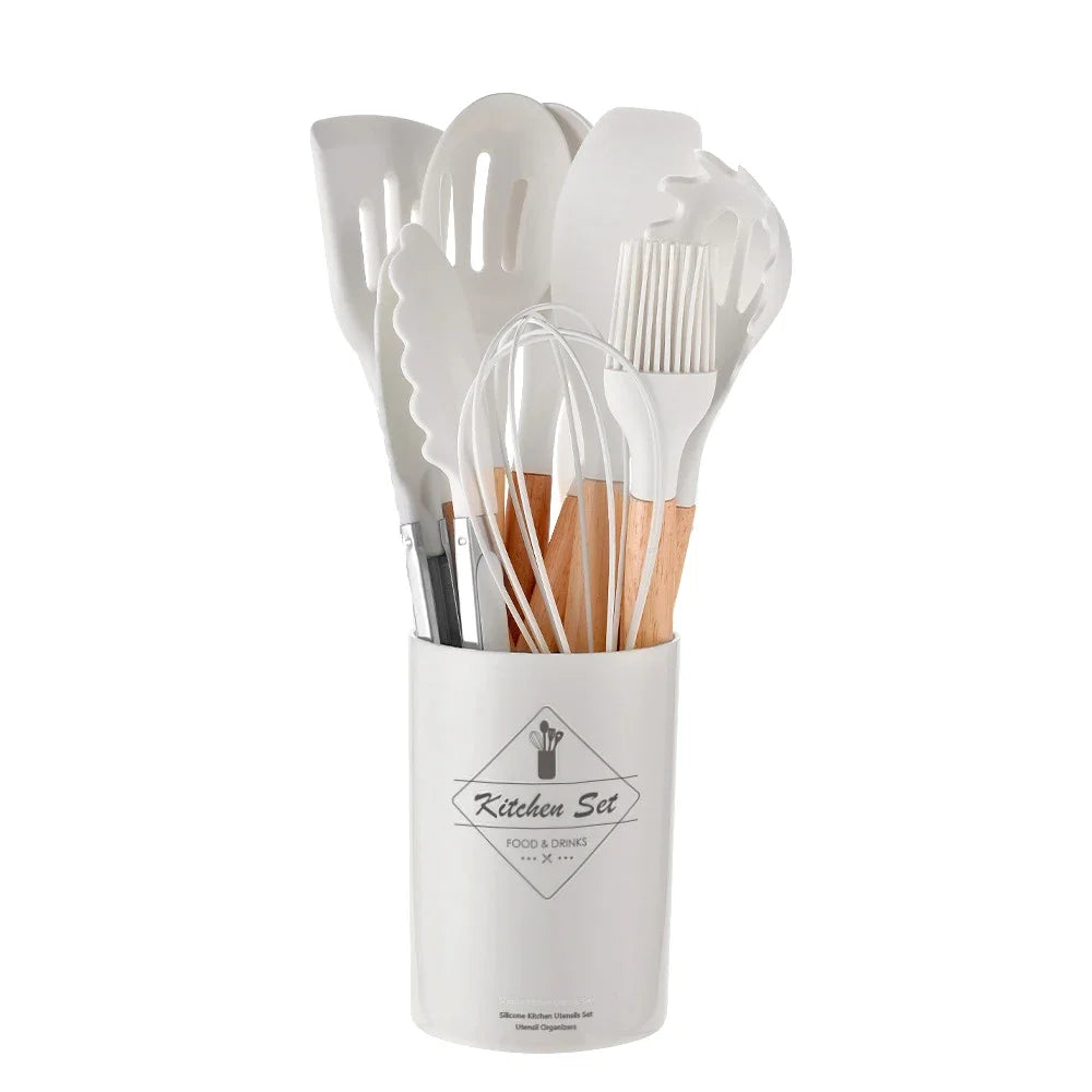 12-Piece Silicone Cooking Utensil Set – Non-Stick, Heat-Resistant & Stylish with Wooden Handles