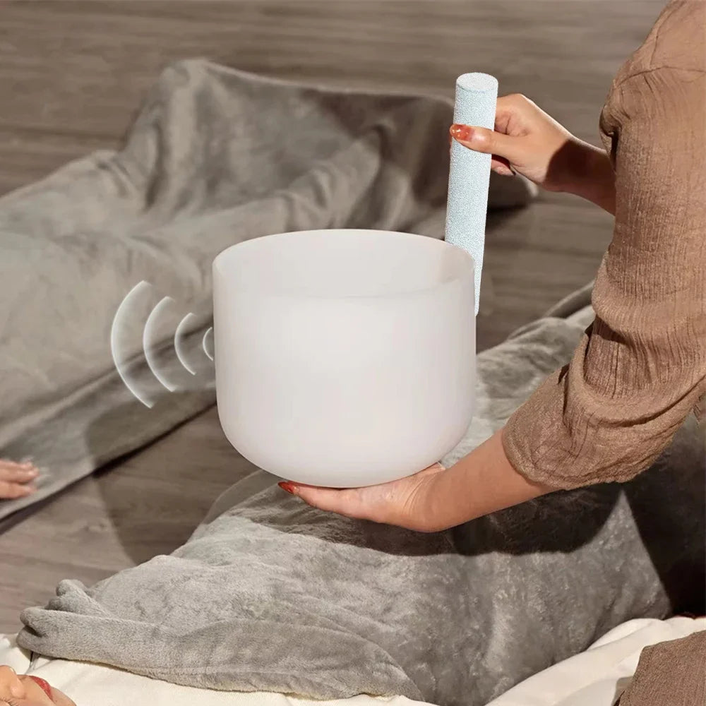 8 Inch Pure White Crystal Singing Bowl Including Sheepskin Mallet Rubber Ring For Sound Healing Meditation Bells Cowbell Garden