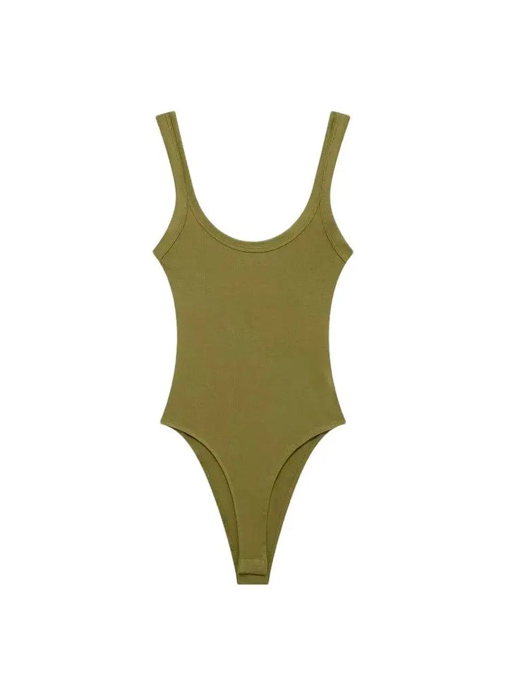TRZA Skinny Ribbed Bodysuit for Women – O Neck, Straps, Snap-Button Playsuit, Sexy Fashion