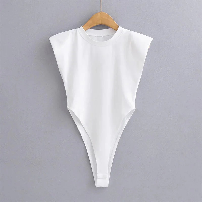 Women's Summer Bodycon Bodysuit – Padded Shoulder, Sleeveless One-Piece for a Sleek, Sexy Look