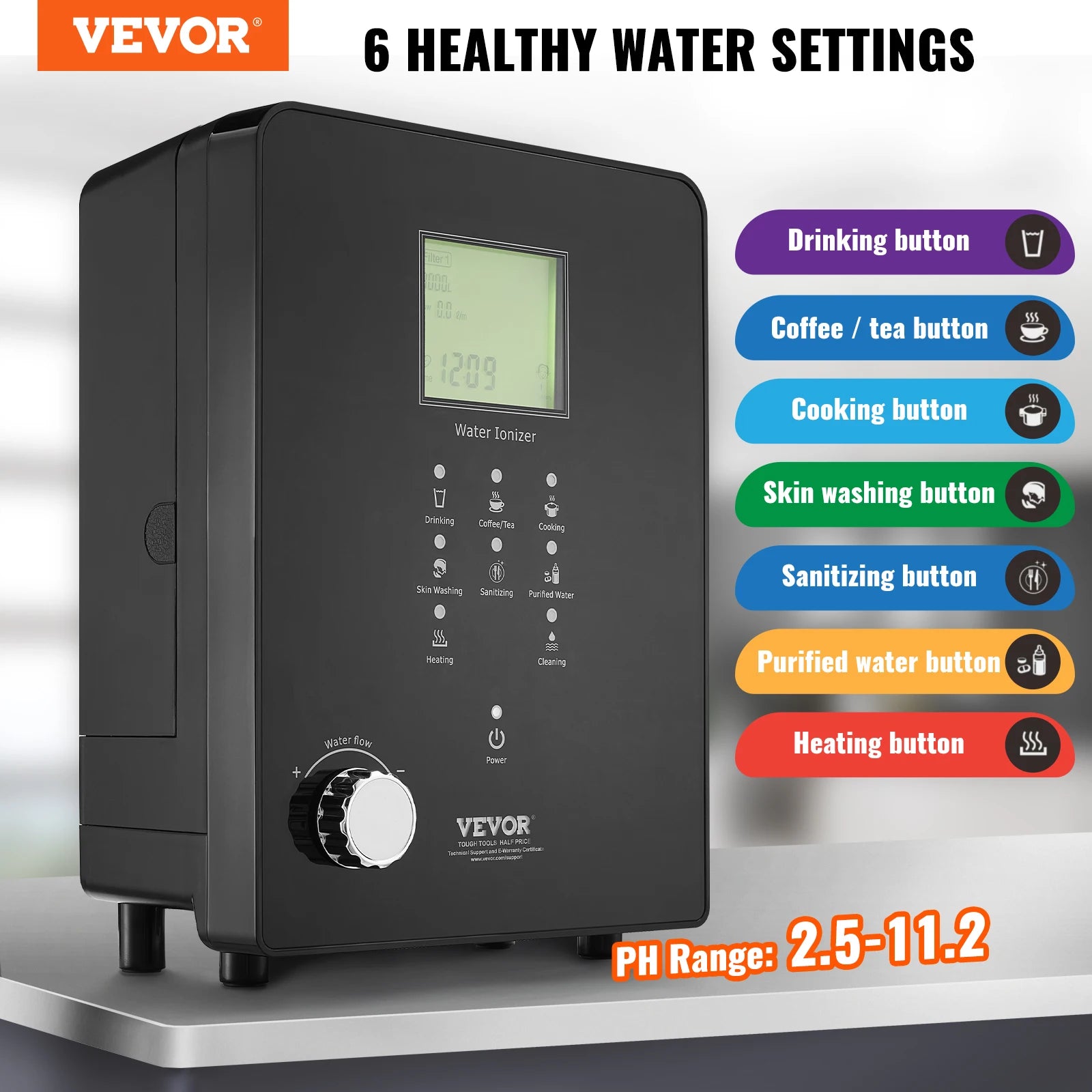 VEVOR Alkaline Water Ionizer Machine pH 3-11.2 Alkaline Acidic Hydrogen Water Purifier 6 Water Settings Home Filtration System