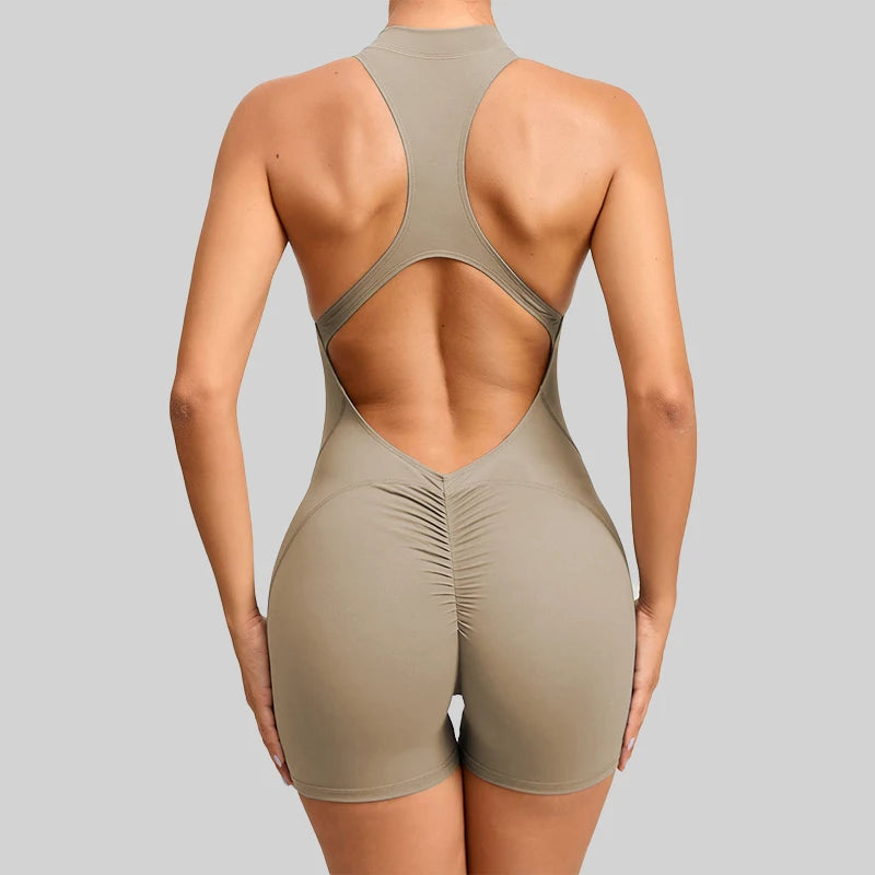 New V-Back Scrunch Sports Jumpsuit – Women’s Sleeveless Gym Romper with Zipper, One-Piece Yoga & Fitness Bodysuit