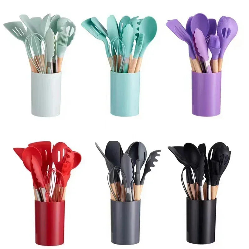 12-Piece Silicone Cooking Utensil Set – Non-Stick, Heat-Resistant & Stylish with Wooden Handles