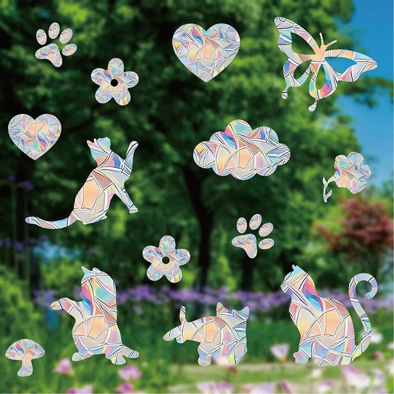 Rainbow Suncatcher Window Stickers – PVC Cat & Butterfly Prism Glass Decals for Kids' Bedroom Decoration