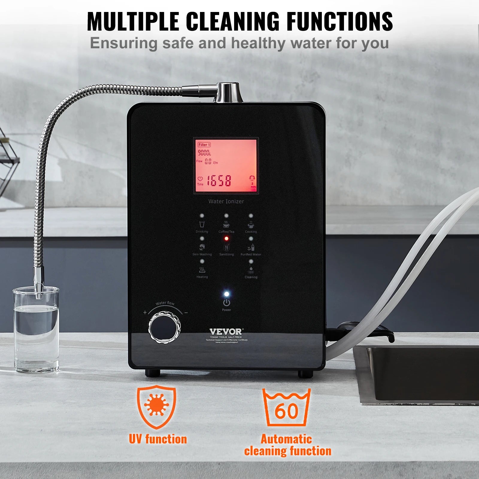 VEVOR Alkaline Water Ionizer Machine pH 3-11.2 Alkaline Acidic Hydrogen Water Purifier 6 Water Settings Home Filtration System