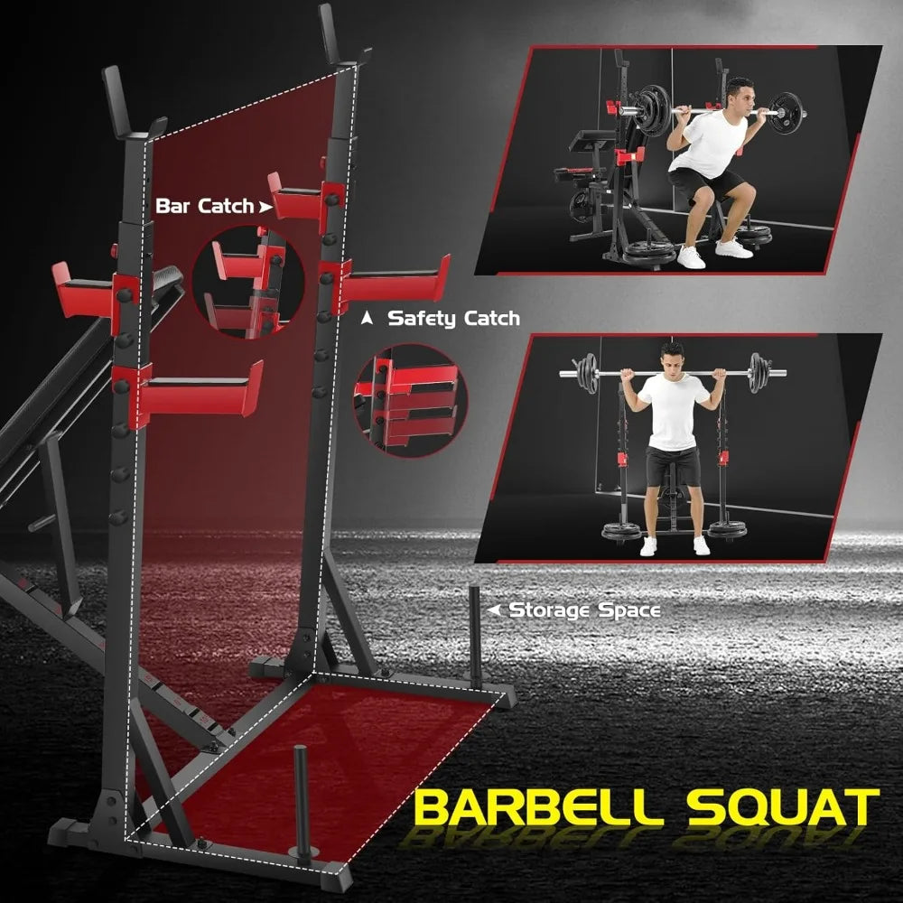 900LBS Weight Bench Set with Squat Rack Preacher Curl Weight Bench with Leg Extension Workout Bench for Home Gym