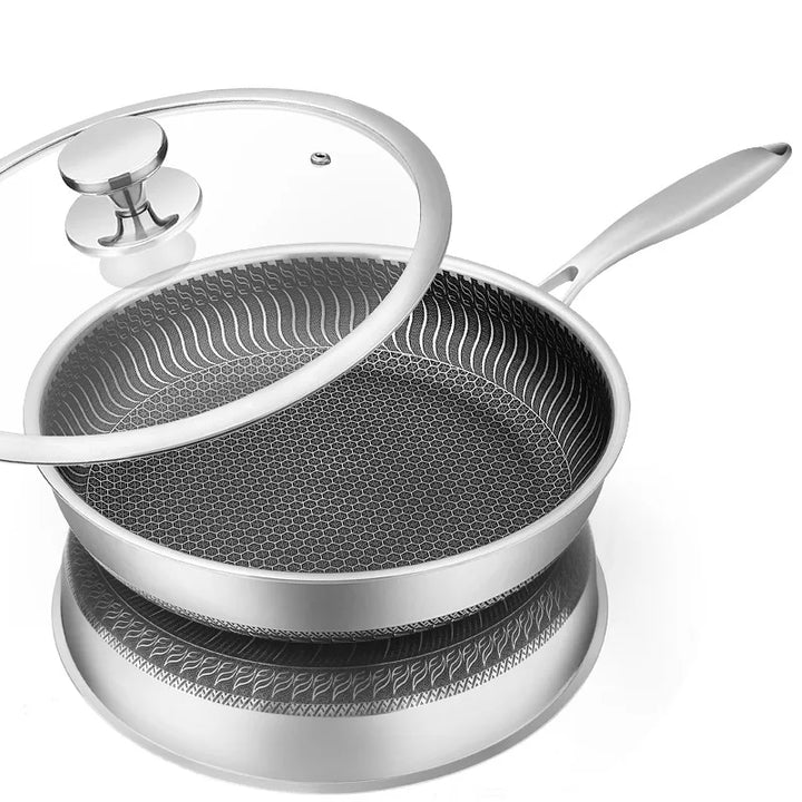 LMETJMA Stainless Steel Honeycomb Frying Pan with Lid – Nonstick & Multi-Cooktop Compatible