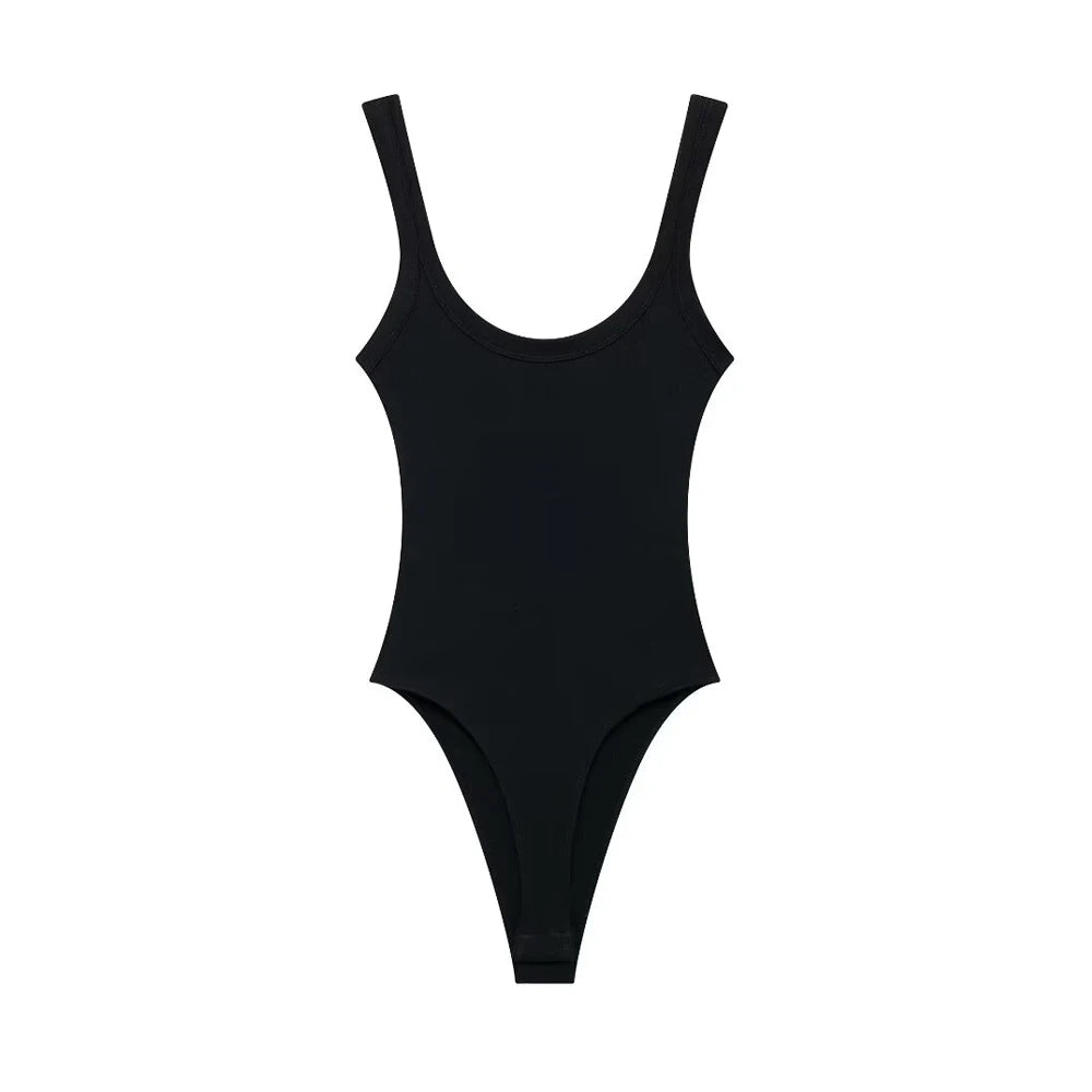 TRZA Skinny Ribbed Bodysuit for Women – O Neck, Straps, Snap-Button Playsuit, Sexy Fashion