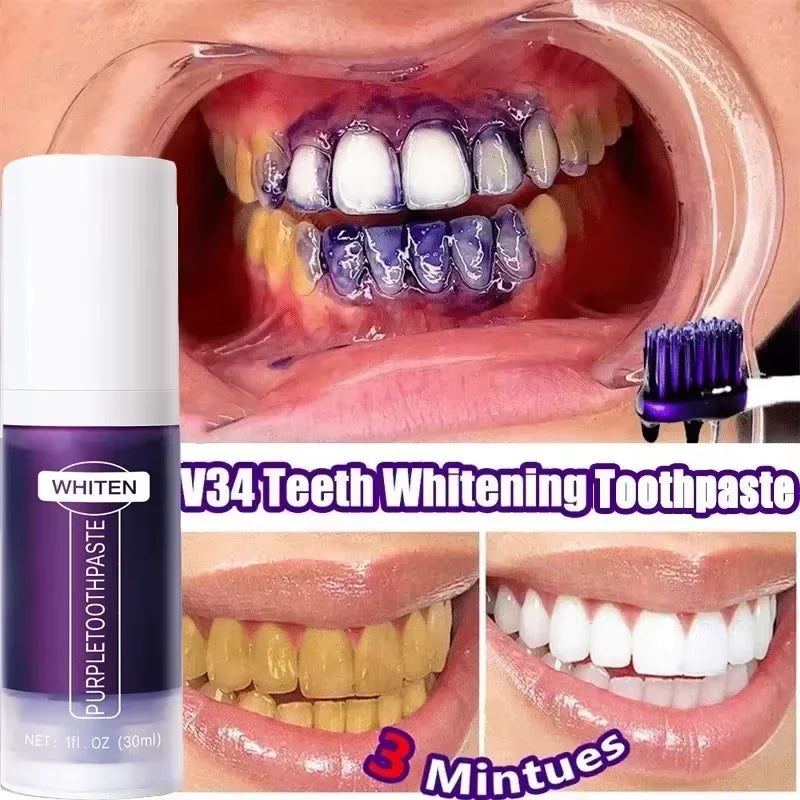 V34 Purple Teeth Whitening Toothpaste – Plaque Removal, Stain Cleaning, and Fresh Breath for a Brighter Smile