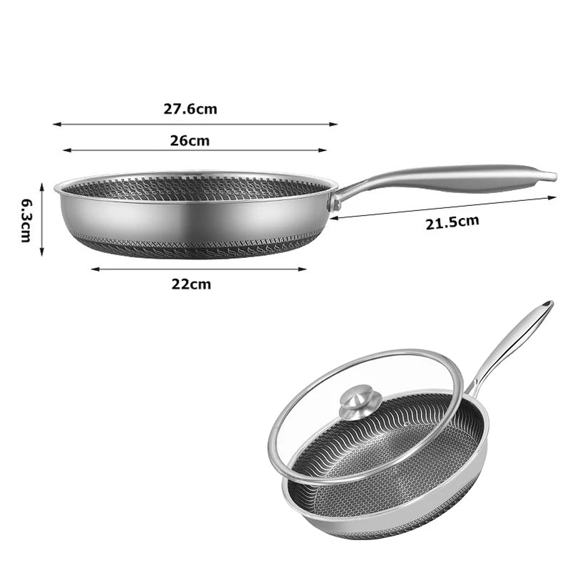 LMETJMA Stainless Steel Honeycomb Frying Pan with Lid – Nonstick & Multi-Cooktop Compatible