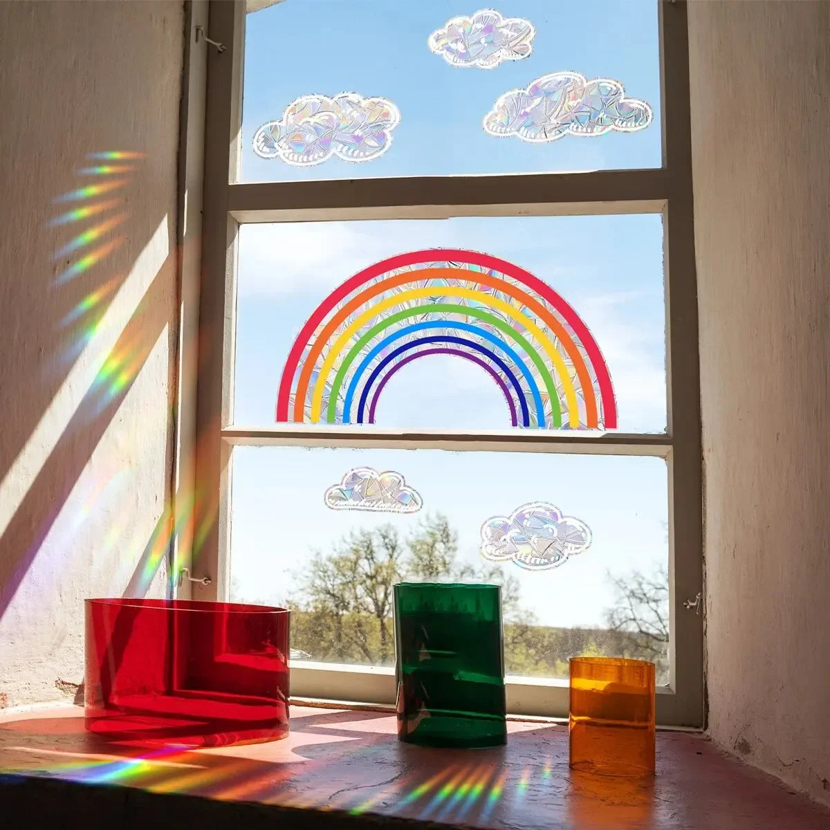 Rainbow Clouds & Sunlight Refraction Window Stickers – Dazzling Glass Display for Home Decoration