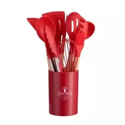 12-Piece Silicone Cooking Utensil Set – Non-Stick, Heat-Resistant & Stylish with Wooden Handles