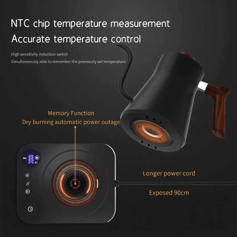 Electric Gooseneck Kettle 900ML – Smart Temperature Control Coffee & Tea Pot with Rapid Heating, 110V/220V