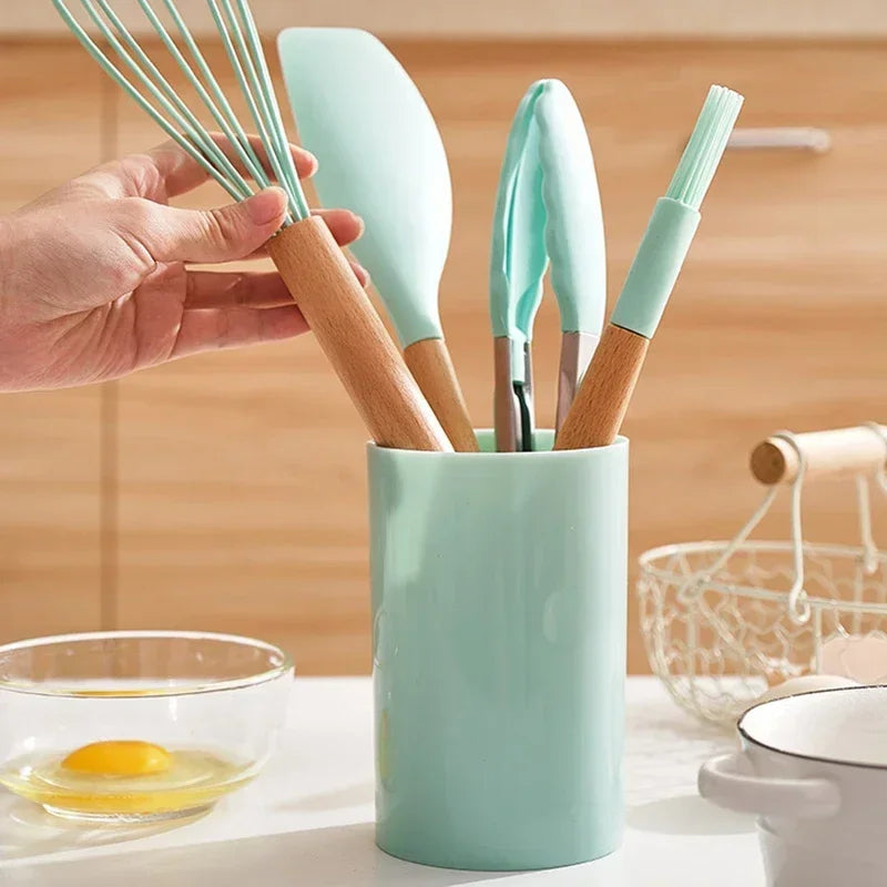 12-Piece Silicone Cooking Utensil Set – Non-Stick, Heat-Resistant & Stylish with Wooden Handles