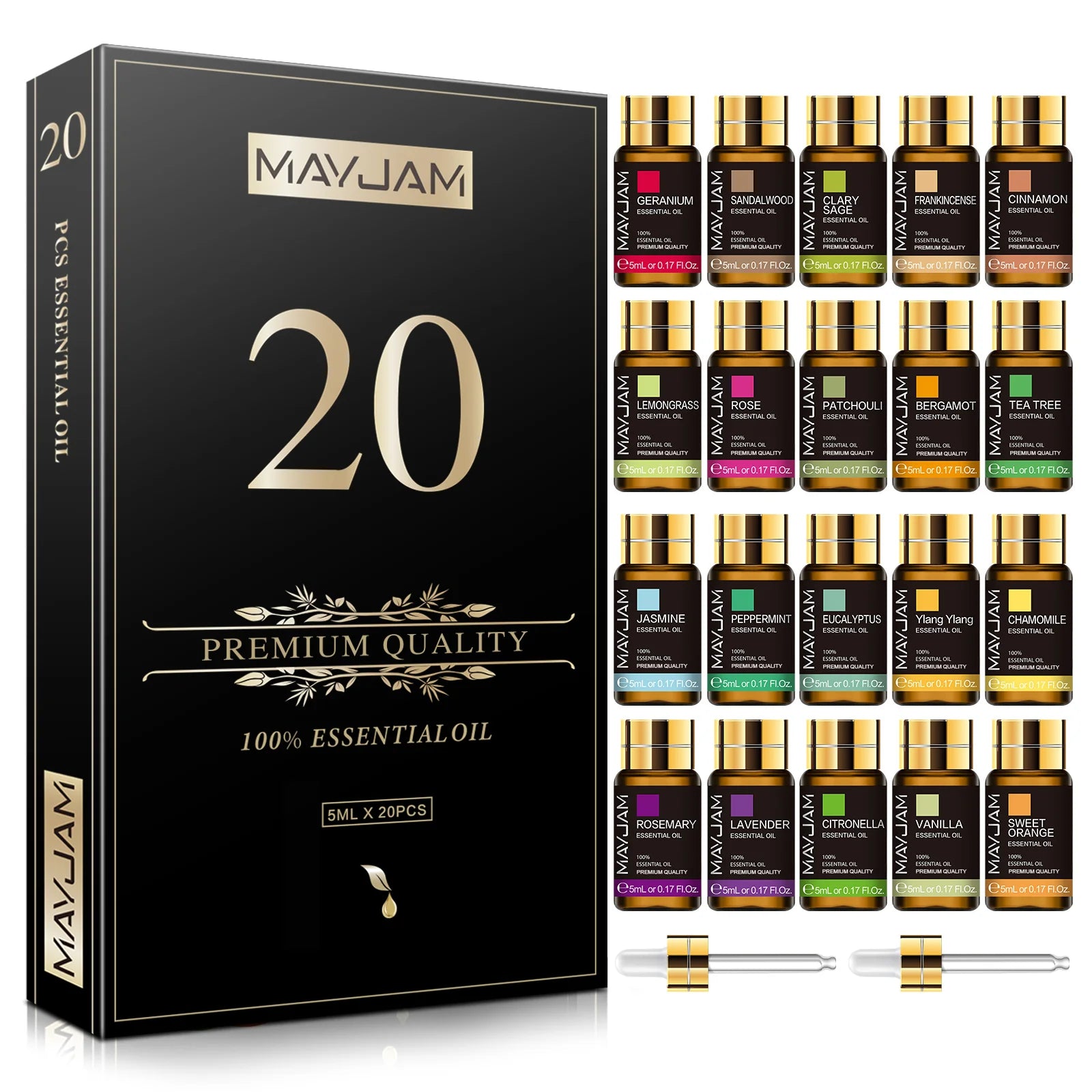 MAYJAM Pure Natural Essential Oils 20pcs Gift Set – Sandalwood, Lemongrass, Lavender, Bergamot & More for Diffuser & Aromatherapy