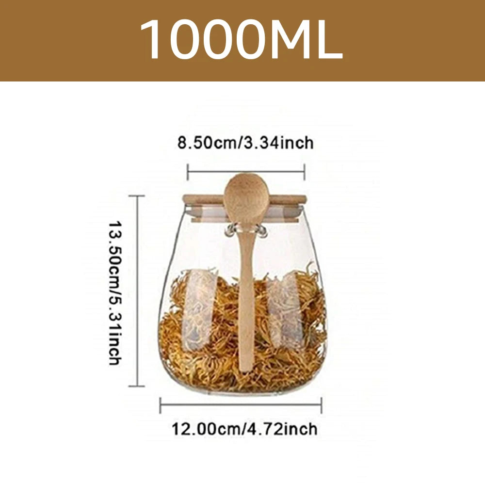 34oz Sealed Glass Jar with Spoon & Lid – Clear Storage for Spices, Sugar, Tea & More