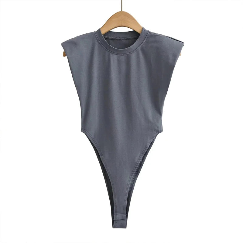 Women's Summer Bodycon Bodysuit – Padded Shoulder, Sleeveless One-Piece for a Sleek, Sexy Look