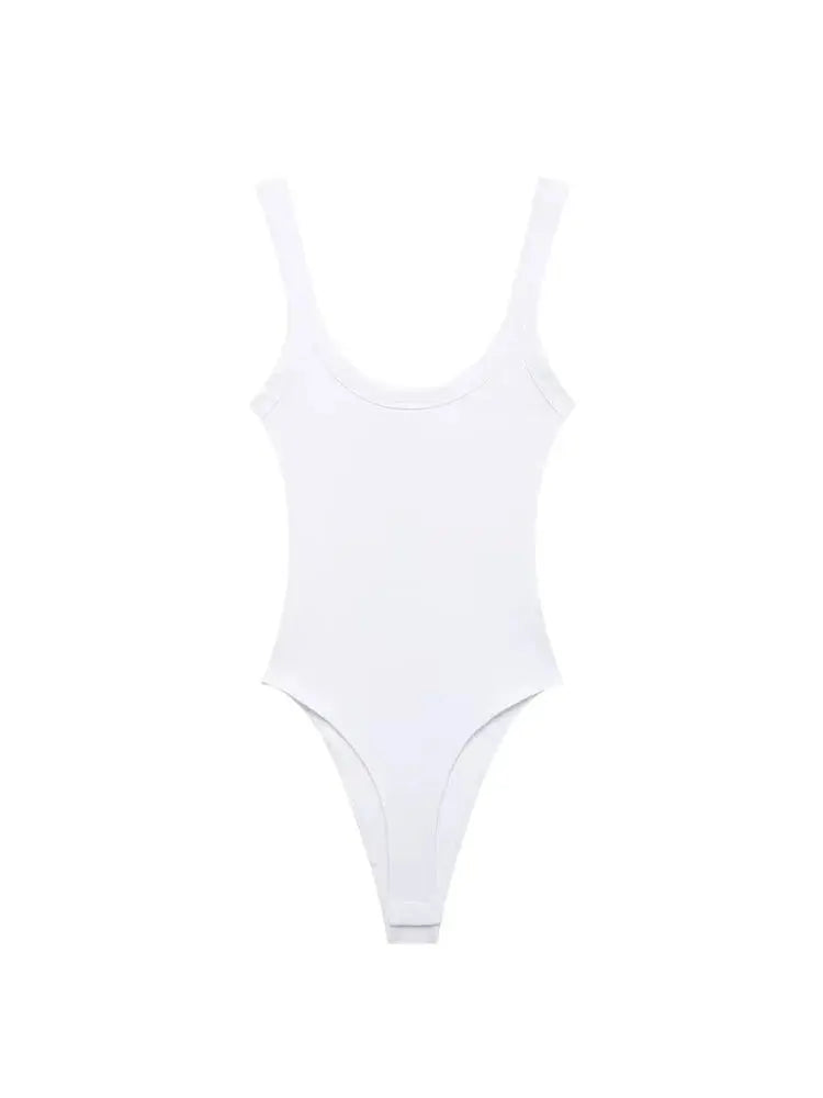 TRZA Skinny Ribbed Bodysuit for Women – O Neck, Straps, Snap-Button Playsuit, Sexy Fashion