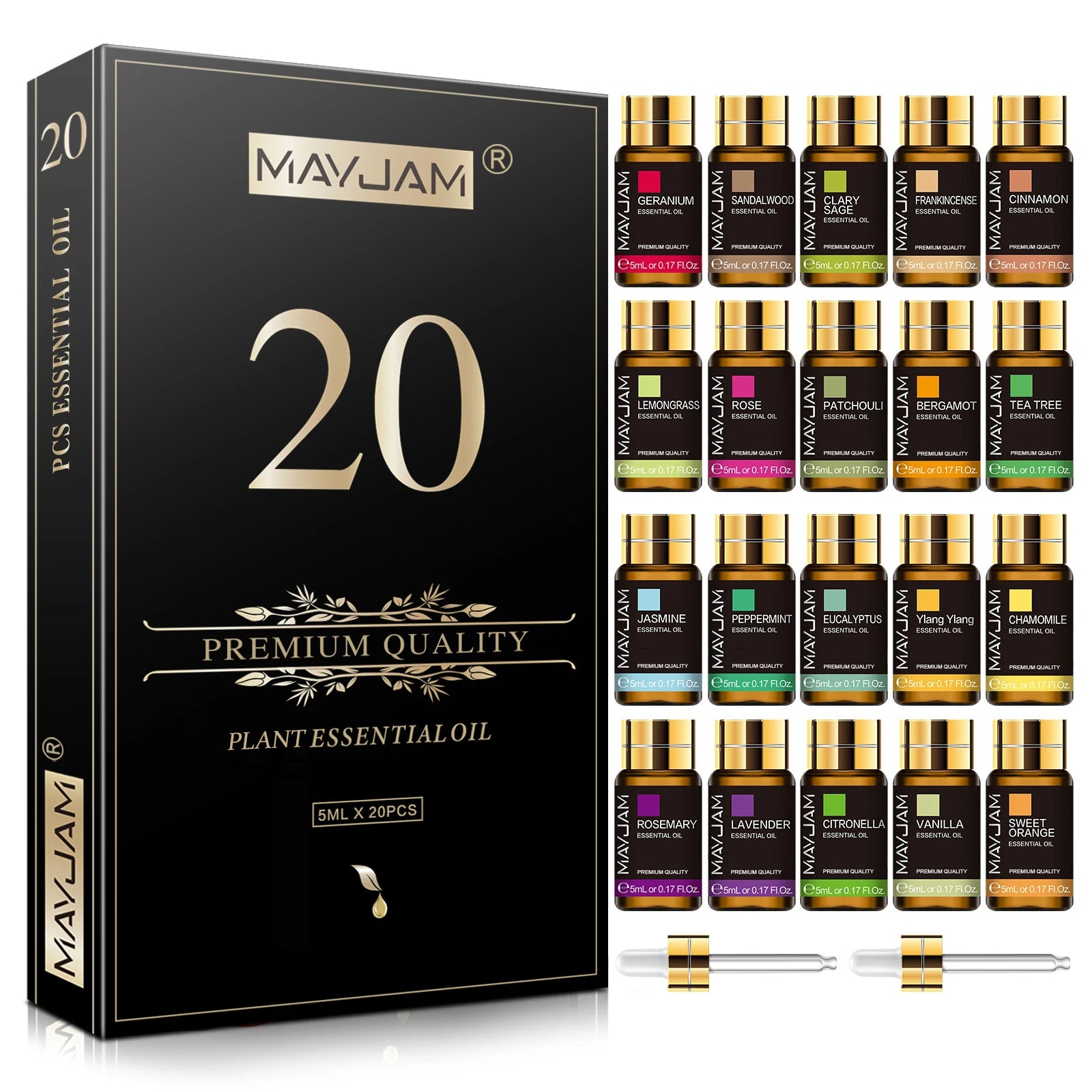 MAYJAM Pure Natural Essential Oils 20pcs Gift Set – Sandalwood, Lemongrass, Lavender, Bergamot & More for Diffuser & Aromatherapy