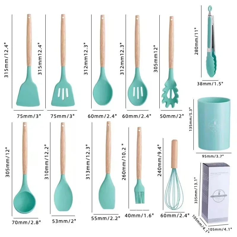 12-Piece Silicone Cooking Utensil Set – Non-Stick, Heat-Resistant & Stylish with Wooden Handles