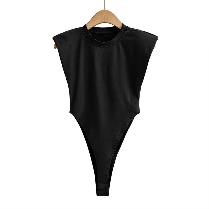 Women's Summer Bodycon Bodysuit – Padded Shoulder, Sleeveless One-Piece for a Sleek, Sexy Look