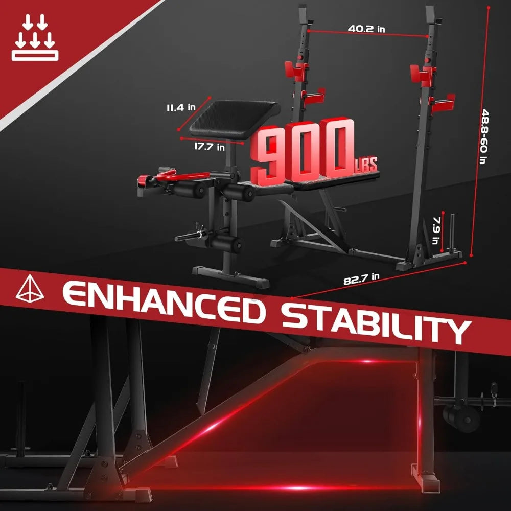 900LBS Weight Bench Set with Squat Rack Preacher Curl Weight Bench with Leg Extension Workout Bench for Home Gym