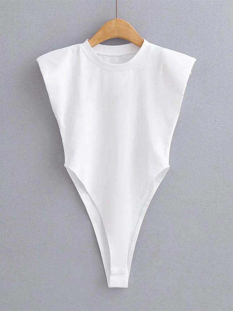 Women's Summer Bodycon Bodysuit – Padded Shoulder, Sleeveless One-Piece for a Sleek, Sexy Look