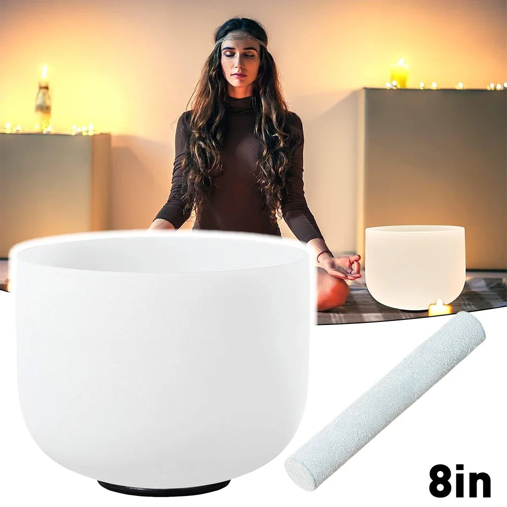 8 Inch Pure White Crystal Singing Bowl Including Sheepskin Mallet Rubber Ring For Sound Healing Meditation Bells Cowbell Garden
