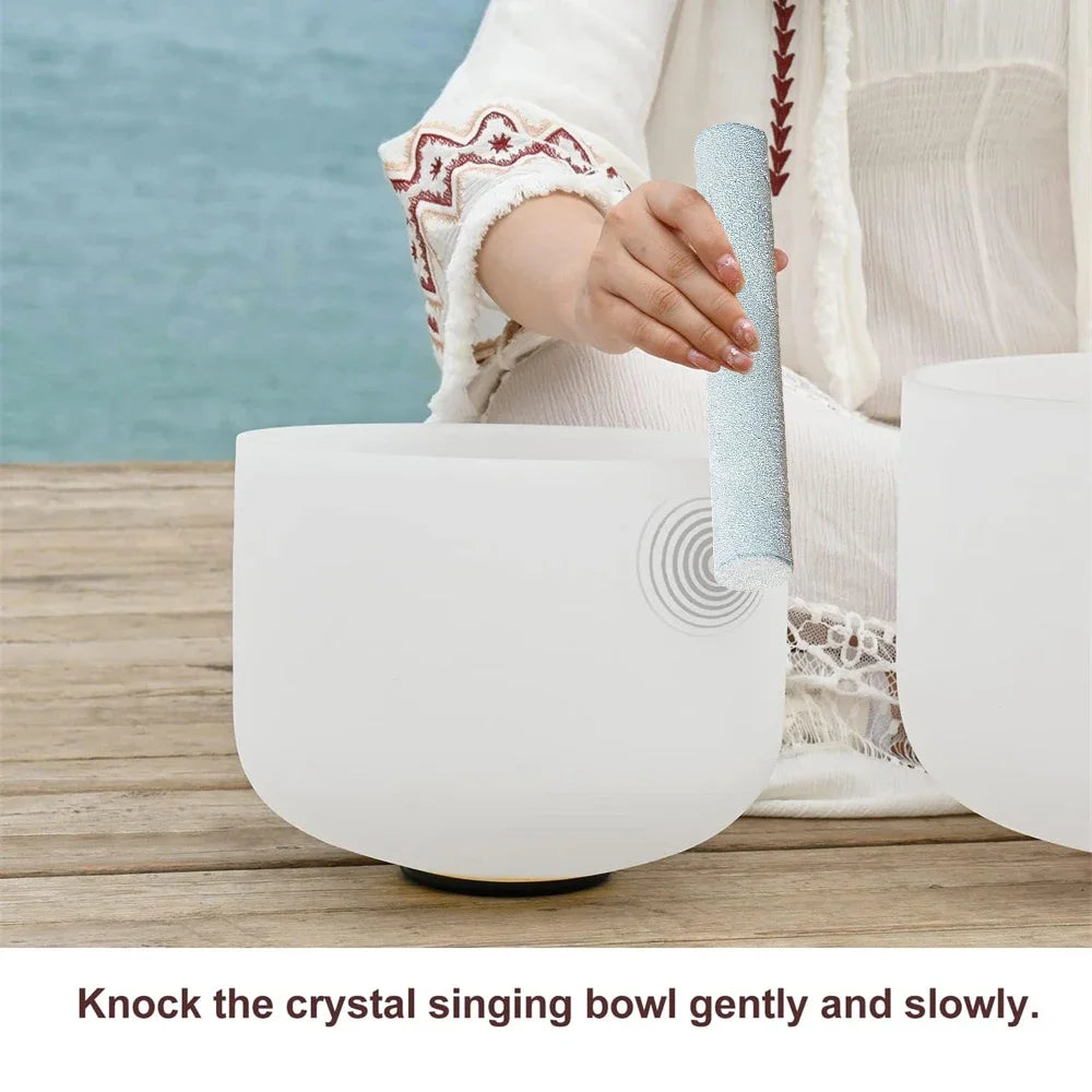 8 Inch Pure White Crystal Singing Bowl Including Sheepskin Mallet Rubber Ring For Sound Healing Meditation Bells Cowbell Garden