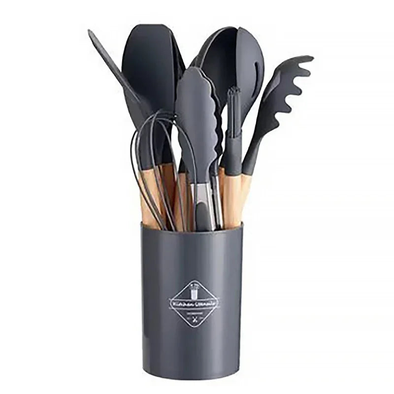 12-Piece Silicone Cooking Utensil Set – Non-Stick, Heat-Resistant & Stylish with Wooden Handles