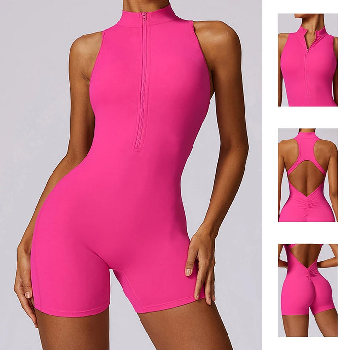 New V-Back Scrunch Sports Jumpsuit – Women’s Sleeveless Gym Romper with Zipper, One-Piece Yoga & Fitness Bodysuit