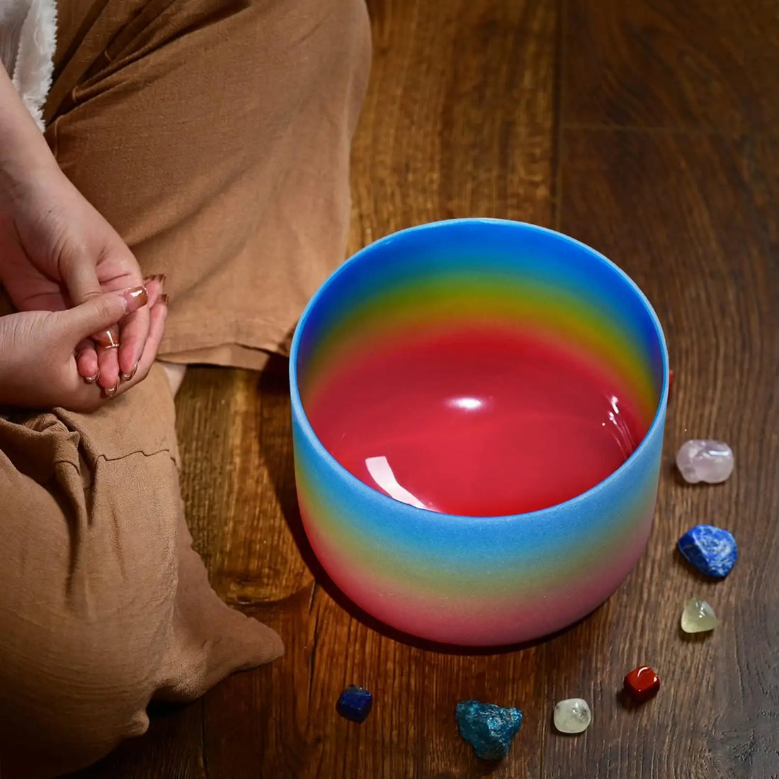 CVNC 440HZ 8 Inch Rainbow Colored G Note Throat Chakra Frosted Quartz Crystal Singing Bowl for Sound Healing and Meditation