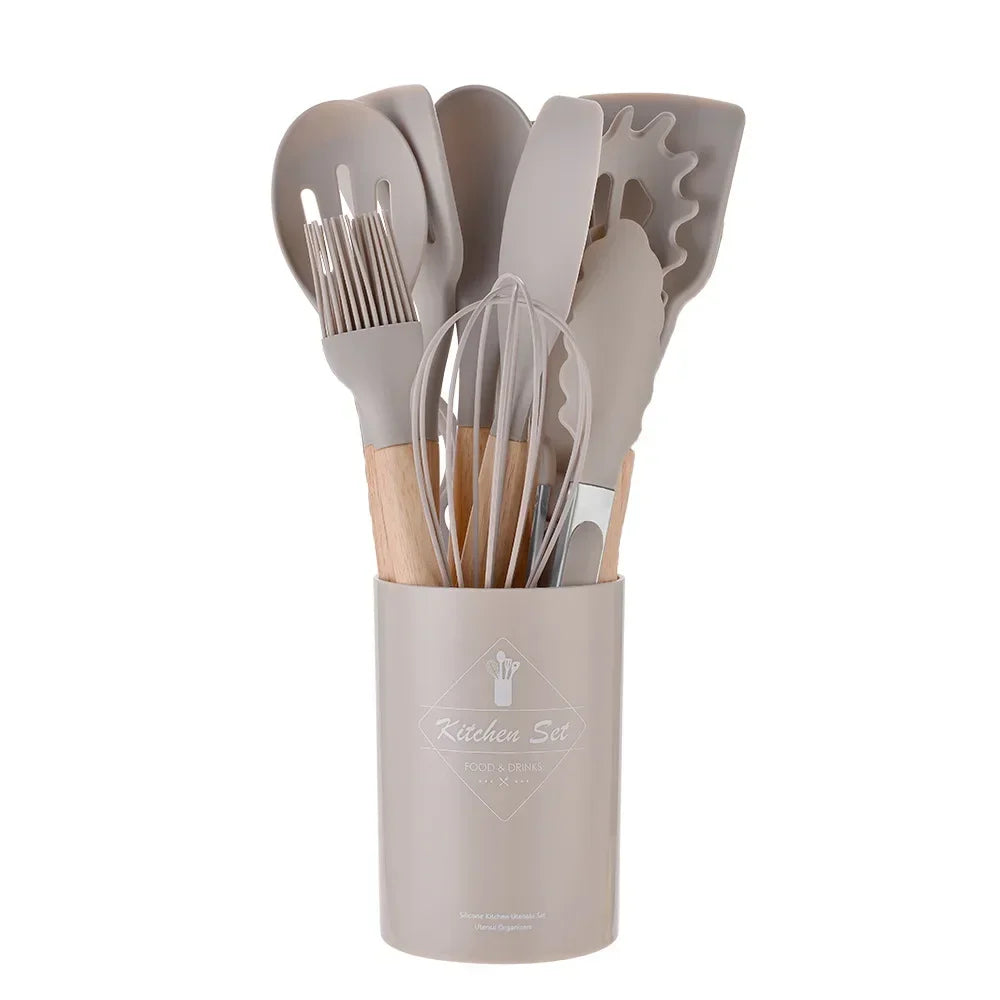 12-Piece Silicone Cooking Utensil Set – Non-Stick, Heat-Resistant & Stylish with Wooden Handles