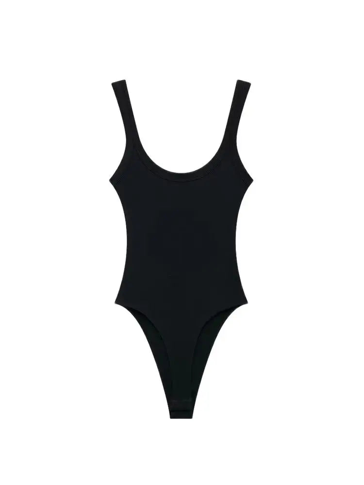 TRZA Skinny Ribbed Bodysuit for Women – O Neck, Straps, Snap-Button Playsuit, Sexy Fashion