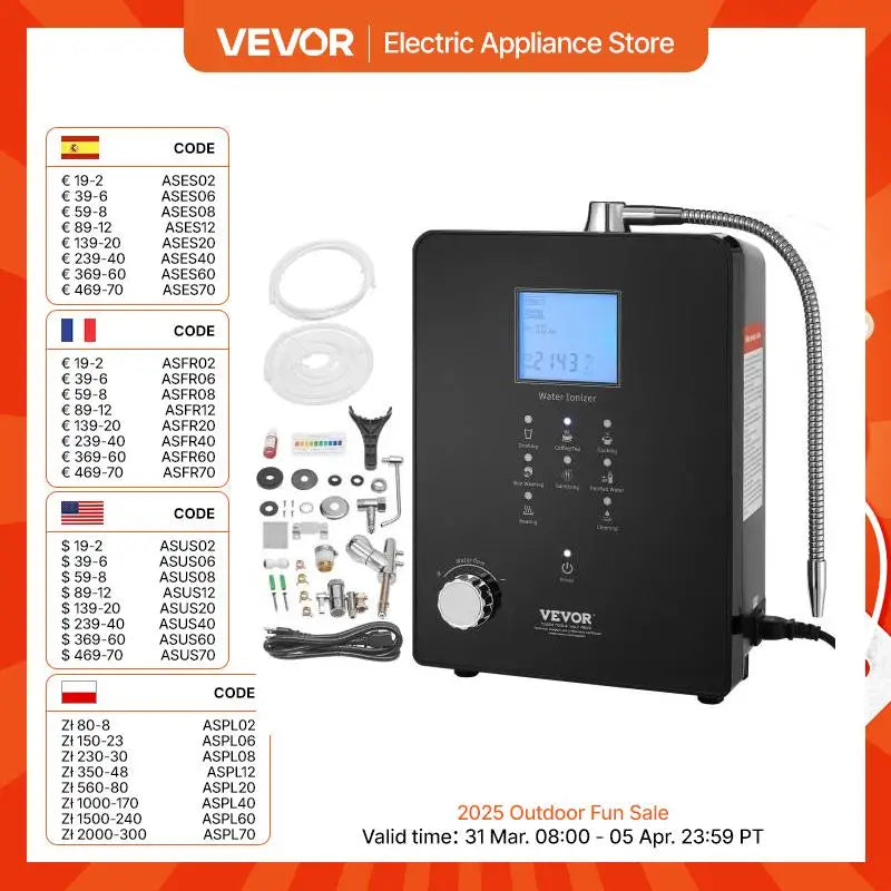 VEVOR Alkaline Water Ionizer Machine pH 3-11.2 Alkaline Acidic Hydrogen Water Purifier 6 Water Settings Home Filtration System